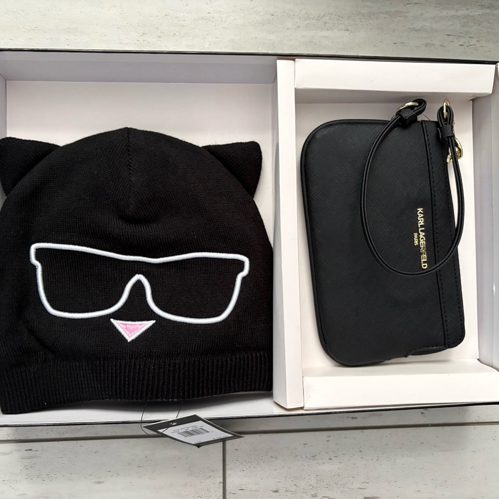 Karl Lagerfeld Black Cat Hat and Wristlet Set